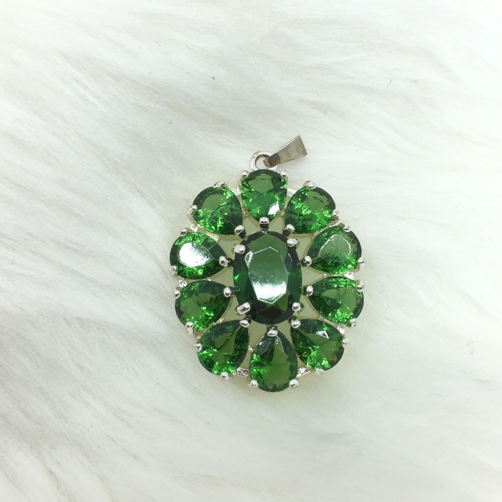 Emerald Green Rhinestone Pendant Silver Tone Oval